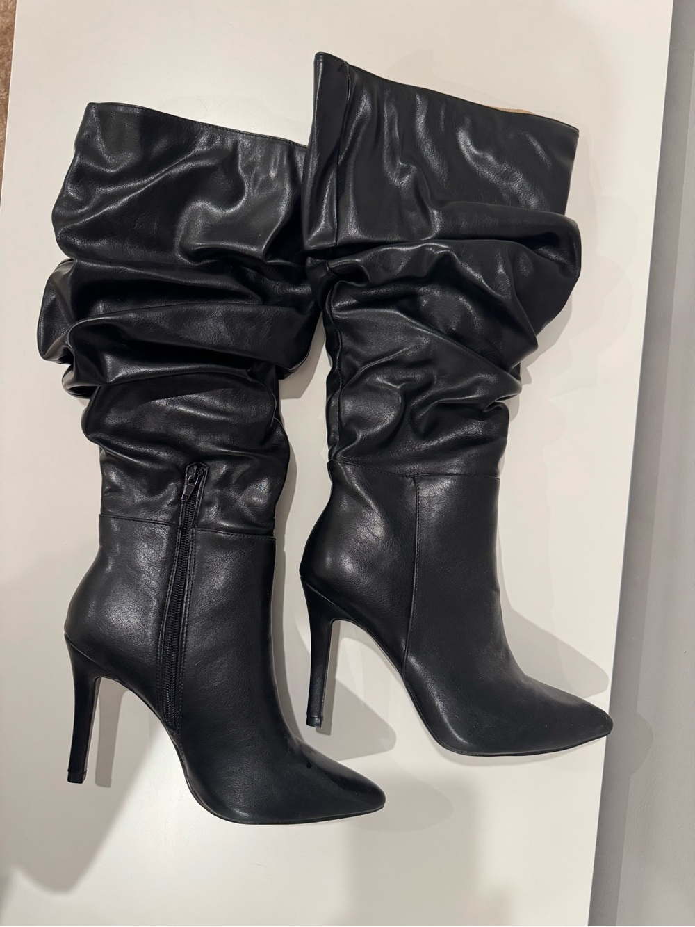 Slouchy Faux Black Leather 4” High-Heel Pointed Toe Knee Boots - Women